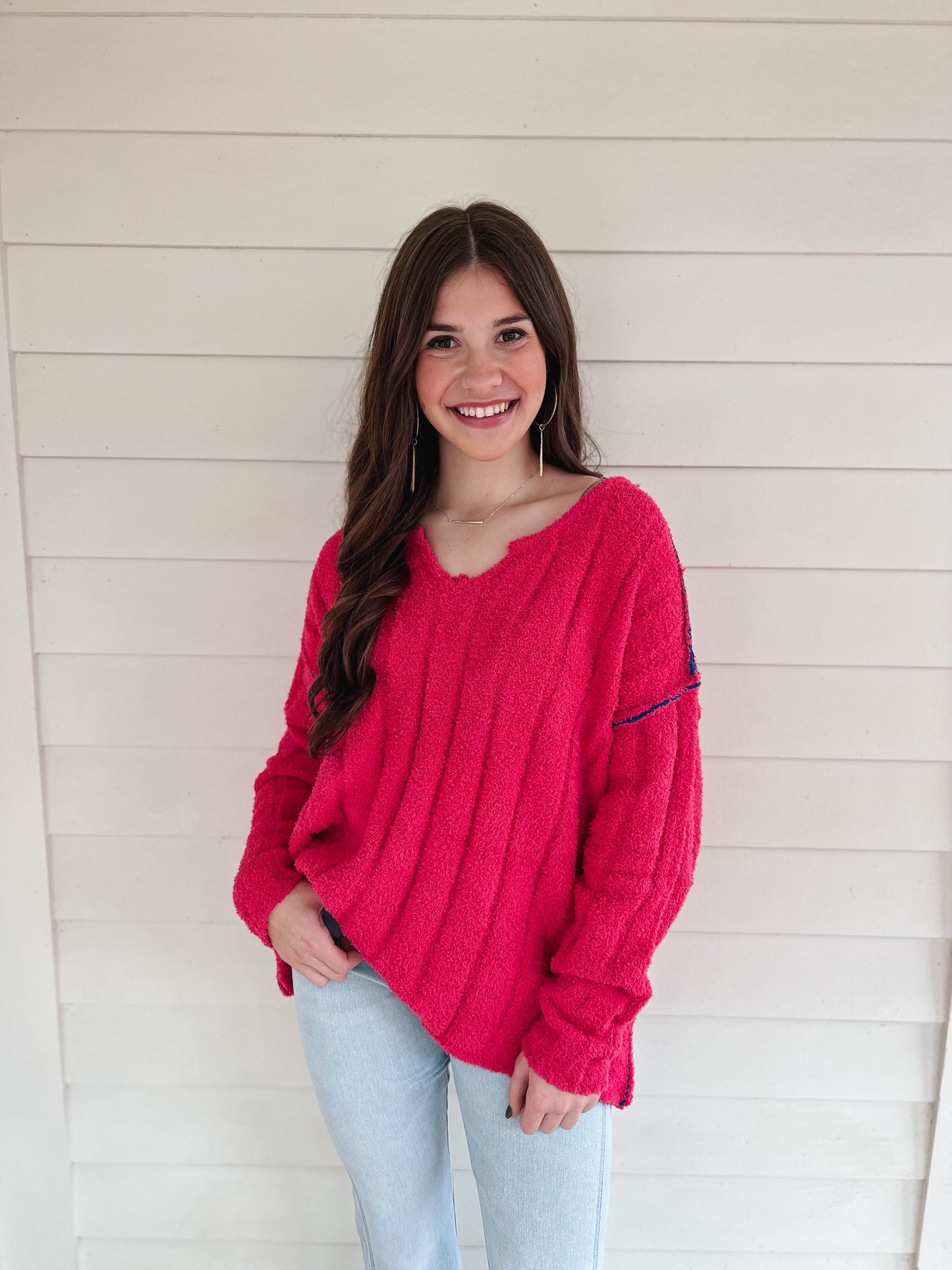 Warmer Together Ribbed Knit Sweater (Fuschia)